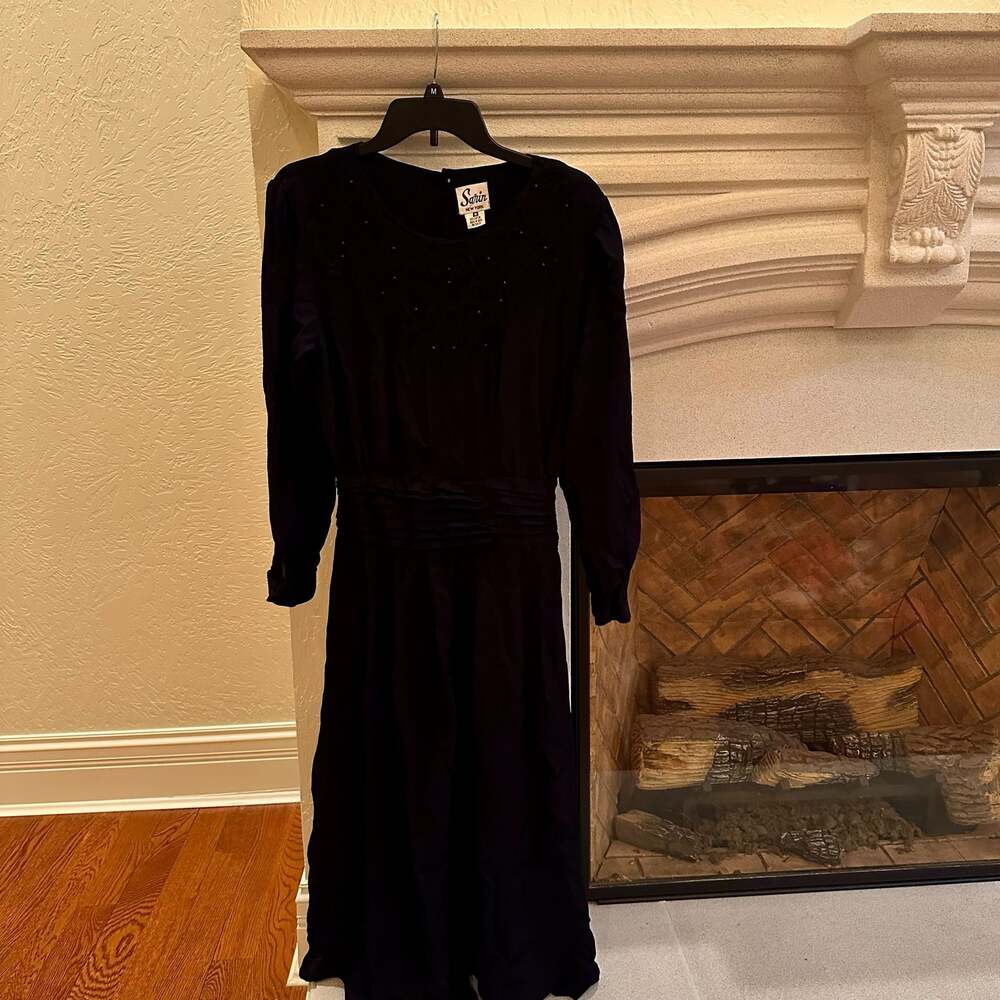 Vintage Sarin New York Black Rayon Dress with Beaded Soutache Neckline